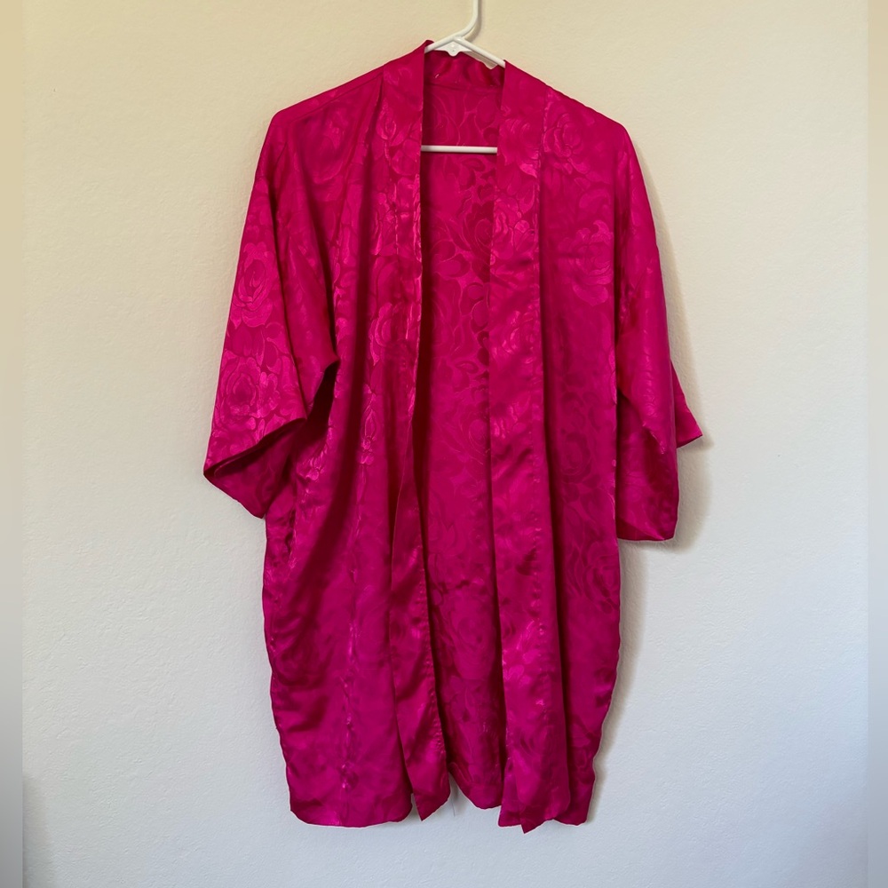 Magenta Pink Floral Satin Kimono Duster Robe
